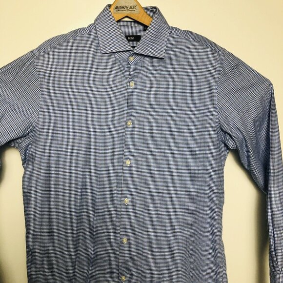 Hugo Boss Blue Herringbone Windowpane Check L/S Cotton Btn Down Mens Size 16/34 - Picture 3 of 5
